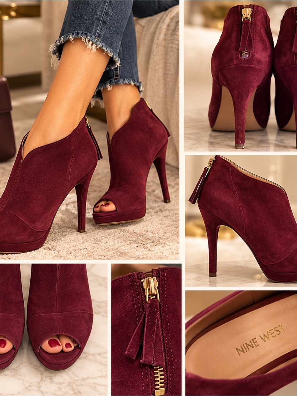 Nine West Burgundy Suede Peep-Toe Stiletto Booties